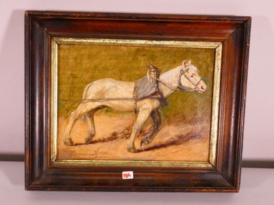 tableau représentant un cheval blanc tirant une charrue sur laquelle est assis un homme