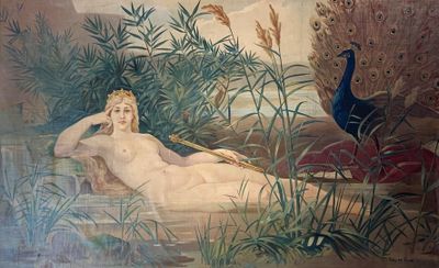 un tableau représentant une femme allongée par terre à côté d'un paon