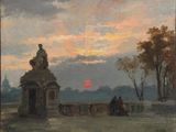 une image représentant un tableau représentant un coucher de soleil avec une statue au premier plan