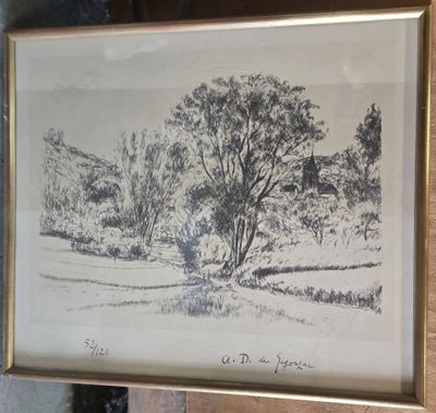 drawing of a landscape with trees in a frame hanging on a wall