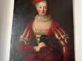 painting of a woman in a red dress with a black mask