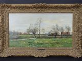 une peinture d'un paysage avec des arbres et une rivière au premier plan