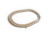 a close up of a pearl necklace on a white background
