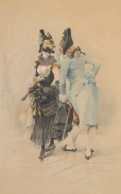 painting of two women in fancy clothing walking down a street