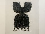 a black and white drawing of a black cat with a long tail