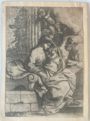 an old black and white drawing of a woman sitting on a ledge