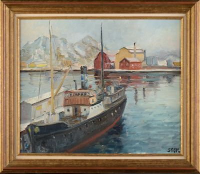 an oil painting of a boat in a harbor with a red building in the background