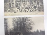 two old black and white photos of horses and riders in a wooded area