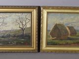 deux tableaux représentant une scène de campagne avec des balles de foin et des arbres