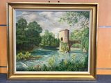an oil painting of a river scene with a bridge and trees