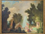 peinture représentant un paysage avec des personnages et une fontaine au premier plan