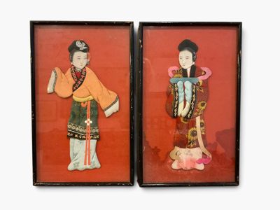 pair of framed asian figures of a woman and a child