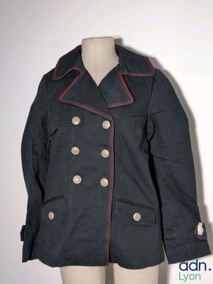 an image of a black coat with red trims