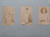 three antique photographs of women in dresses and hats are shown