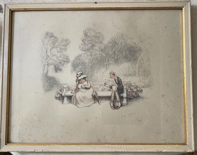 l'image d'un dessin représentant un homme et une femme assis sur un banc