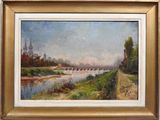 an oil painting of a bridge over a river in a rural setting