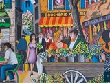 painting of a group of people sitting at a table in front of a bar
