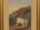 an image of a painting of a horse drawn carriage in front of a building
