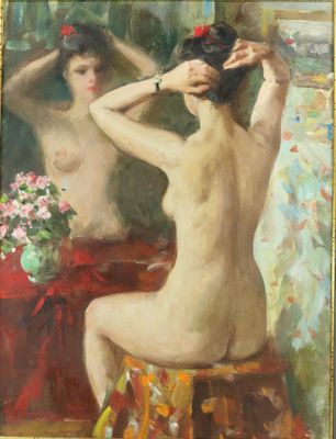 LOMAKINE Oleg (Ecole russe 1924-2010), Femme nue devant sa c…