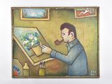 un tableau représentant un homme tenant une pipe à la main