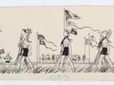 une image représentant un dessin d'un groupe de personnes marchant avec des drapeaux