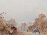 a painting of a horse and buggy on a dirt road
