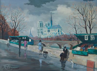painting of people walking along a river with boats and a church in the background