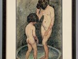 painting of two nudes in a bathtub by a wall