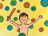 french poster of a boy with a knife and buttons in his hands