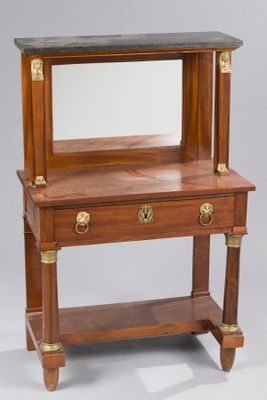 an image of a wooden desk with a mirror on top of it