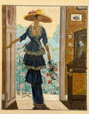 painting of a woman in a blue dress and straw hat standing in front of a door
