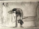a drawing of a man bending over to pick up something