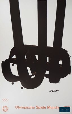 une image représentant une affiche en noir et blanc sur laquelle figurent les anneaux olympiques