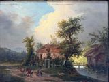 a painting of a farm scene with cows and a house