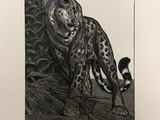 an ink drawing of a leopard standing on a rock in a forest