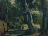 une image représentant un tableau où l'on voit une maison et des arbres dans un parc