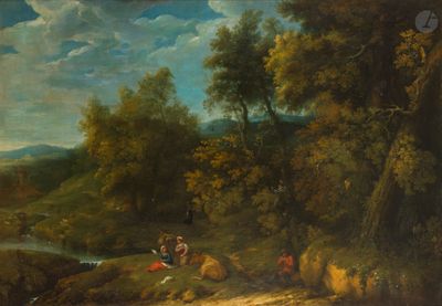 une image représentant un tableau où figurent un homme et une femme dans un paysage boisé