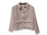 the jacket is beige and has buttons on the front