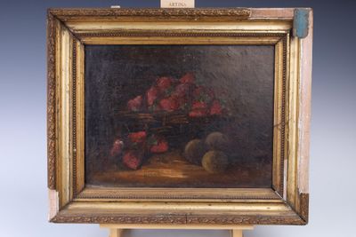 une peinture à l'huile représentant un panier de fleurs posé sur un chevalet en bois