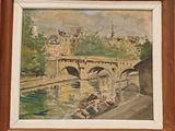 un tableau représentant un pont au-dessus d'une rivière, avec des personnes assises dessus