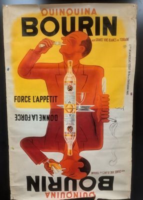une vieille affiche représentant un homme tenant une bouteille d'alcool
