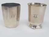 pair of silverplated cups with monogrammed initials on them