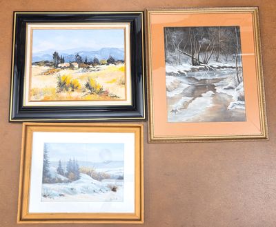 three framed paintings on a wall of a house with a stream