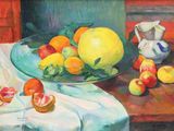 une peinture représentant une coupe de fruits sur une table