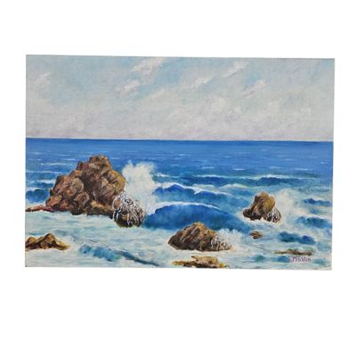 une peinture à l'huile représentant une plage rocheuse où les vagues viennent se briser contre les rochers