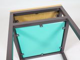 a small table with a blue cover on it