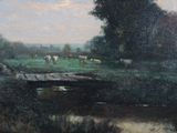 a painting of cows grazing in a field by a stream