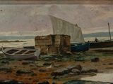 a painting of boats on the shore of the water