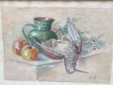 a painting of a bird on a table with apples and a pitcher