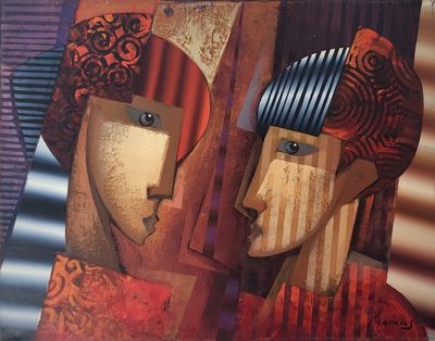 un tableau représentant deux personnes qui se regardent